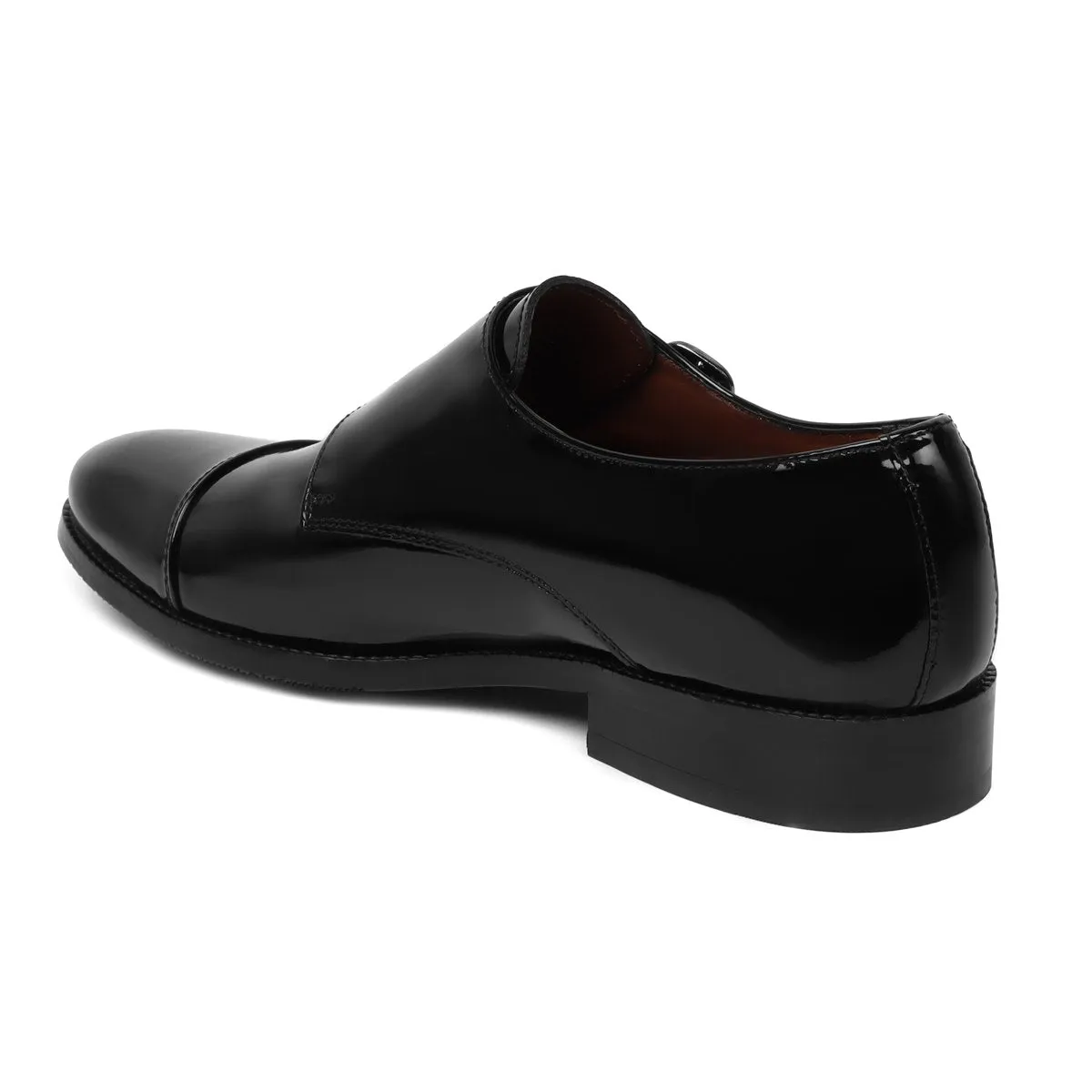 Mesh Air Black Patent Leather Rounded Cap Toe Double Monk Strap Formal Shoes By Brune & Bareskin