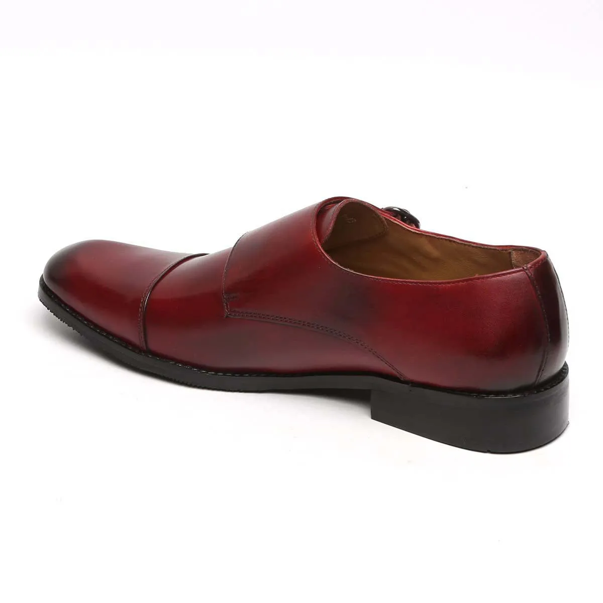 Airport Style Urban Step Wine Genuine Leather Cap Toe Double Monk Strap Formal Shoes By Brune & Bareskin