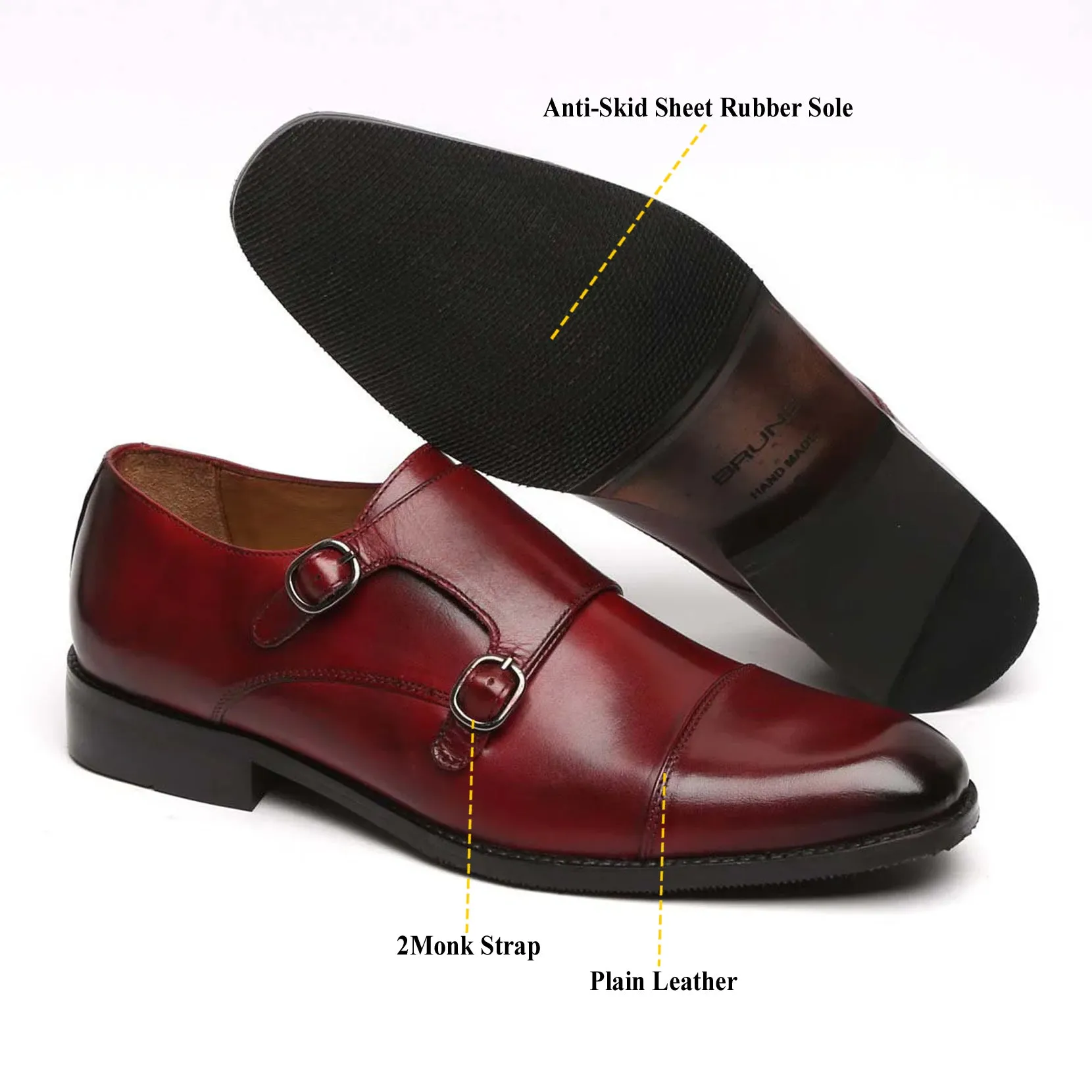 Wine Genuine Leather Cap Toe Double Monk Strap Formal Shoes By Brune & Bareskin Sharp Cut