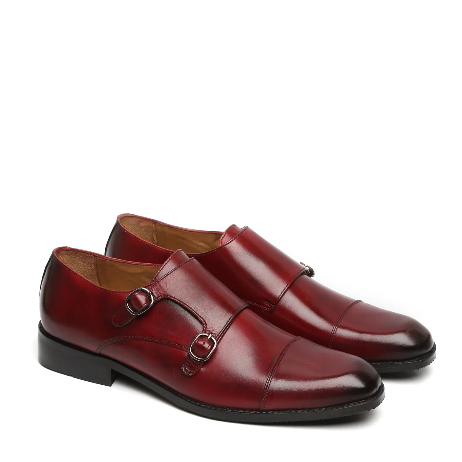 Wine Genuine Leather Cap Toe Double Monk Strap Formal Shoes By Brune & Bareskin Stand Shade