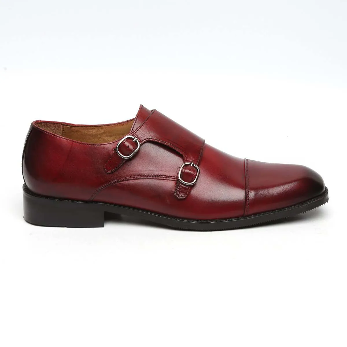 Neutral Shade Wine Genuine Leather Cap Toe Double Monk Strap Formal Shoes By Brune & Bareskin