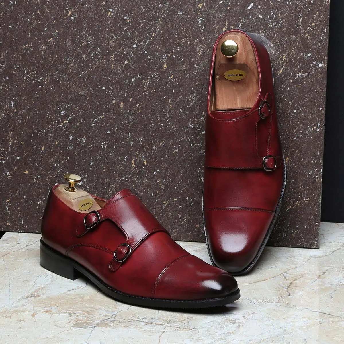 Wine Genuine Leather Cap Toe Double Monk Strap Formal Shoes By Brune & Bareskin Street Cool