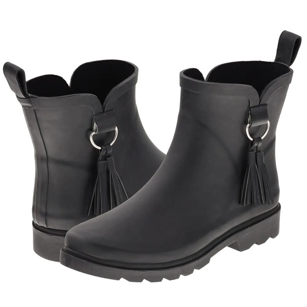 Ladies All Over Matte Short Rain Boot with Side Metal Trim and Tonal Tassel Cold Boots