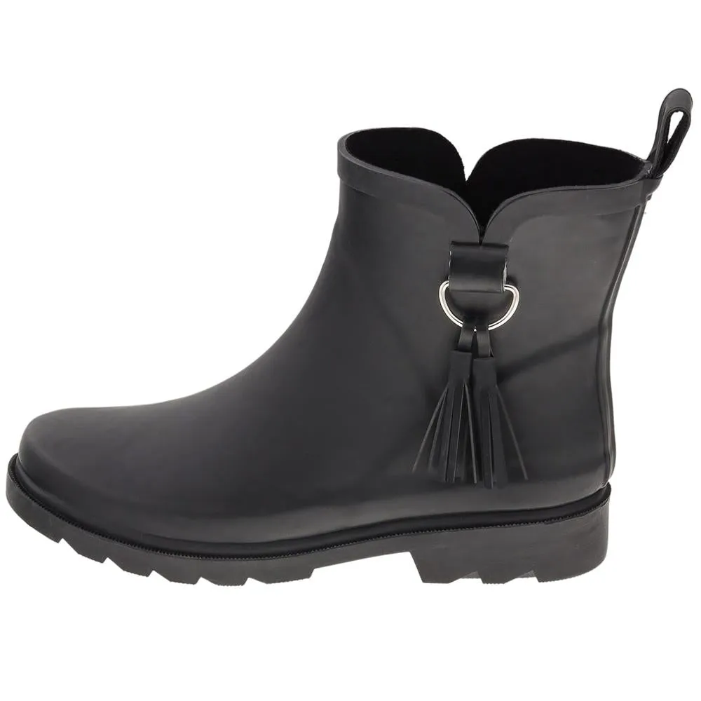 Ladies All Over Matte Short Rain Boot with Side Metal Trim and Tonal Tassel Smooth