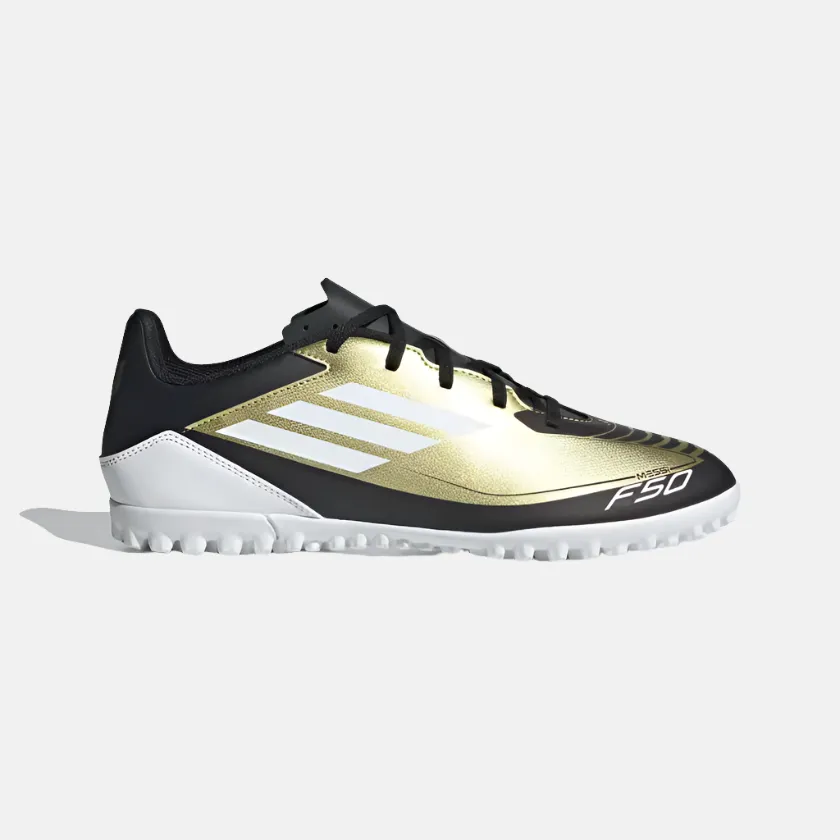 Adidas F50 Club Messi Unisex Turf Football Shoes -Gold Metallic/Cloud White/Core Black Tight Control