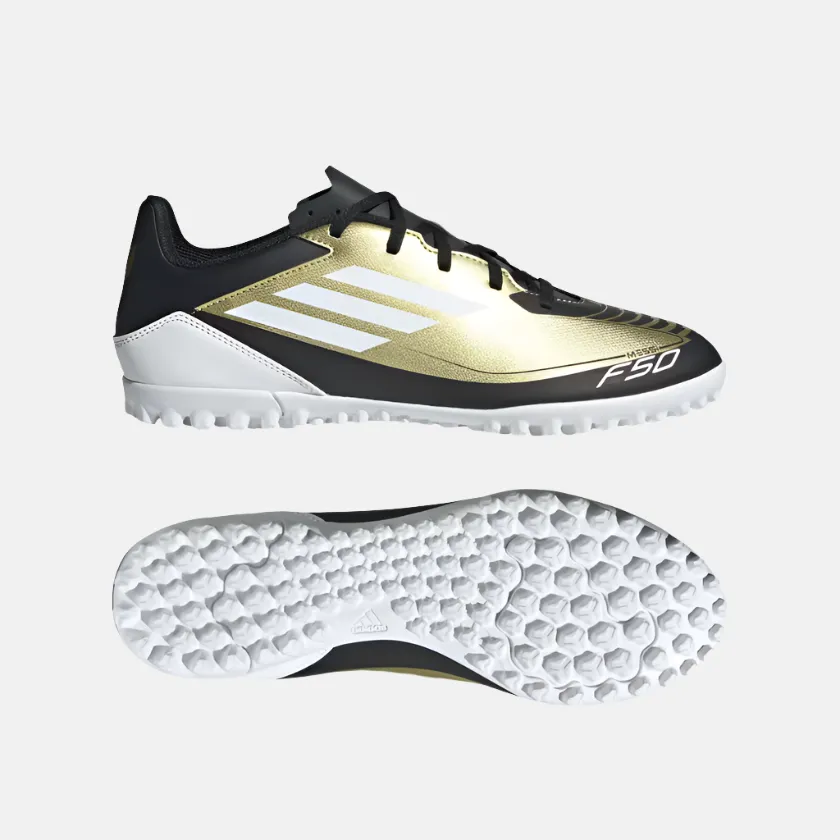 Ground Speed Heat Retention Adidas F50 Club Messi Unisex Turf Football Shoes -Gold Metallic/Cloud White/Core Black