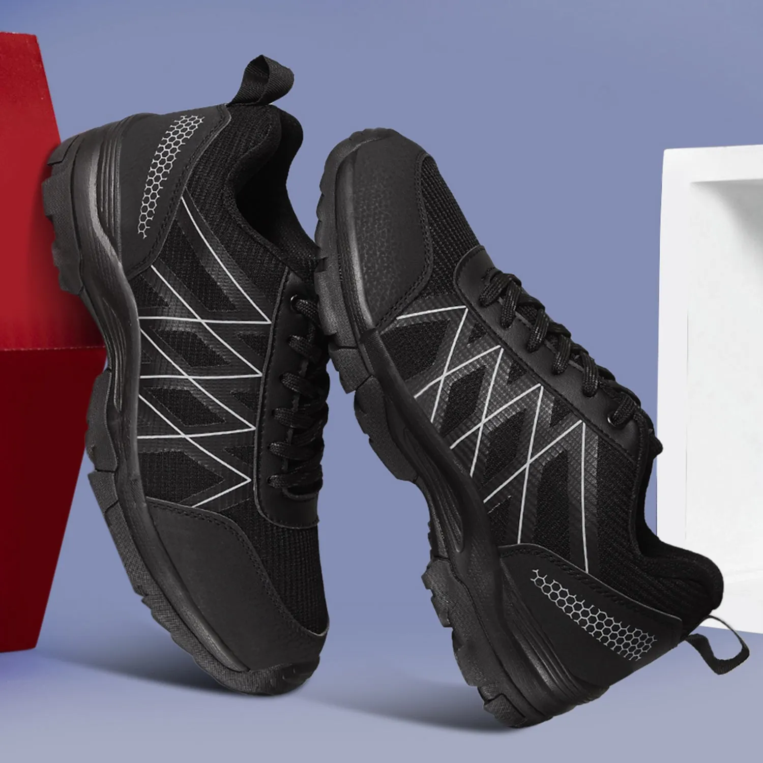 Leap7x Black Sports Lace-Up Trekking Shoes For Men MOUNTAIN2E By Liberty Comfort Hiking