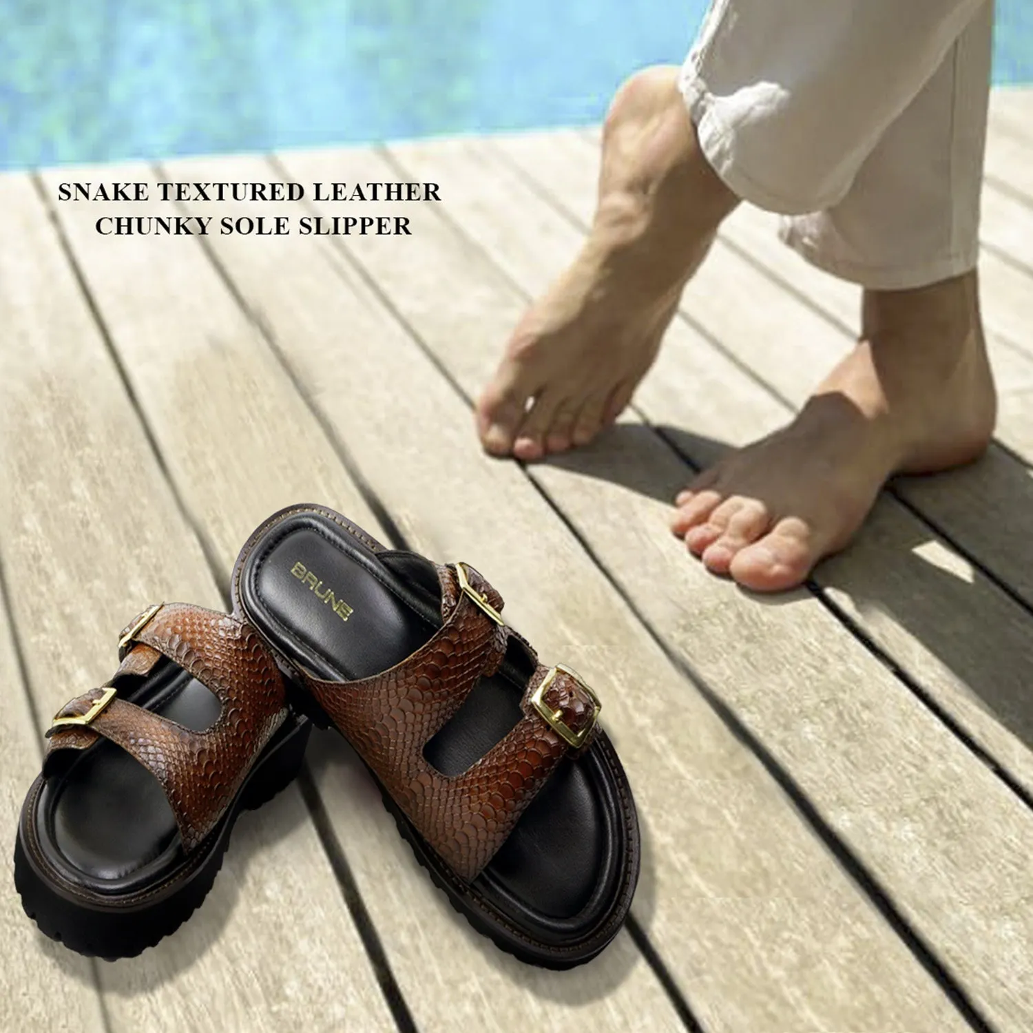 Lug Sole Adjustable Buckle Leather Slipper in Snake Skin Textured Odor Resistant