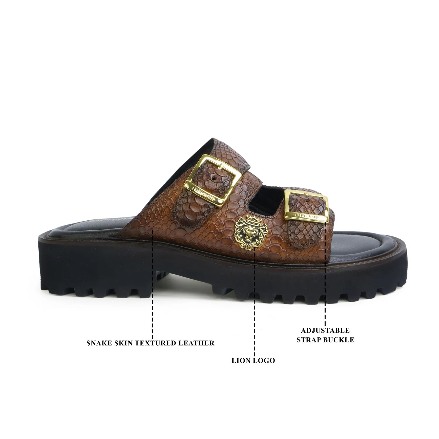 Wedding Outfit Lug Sole Adjustable Buckle Leather Slipper in Snake Skin Textured