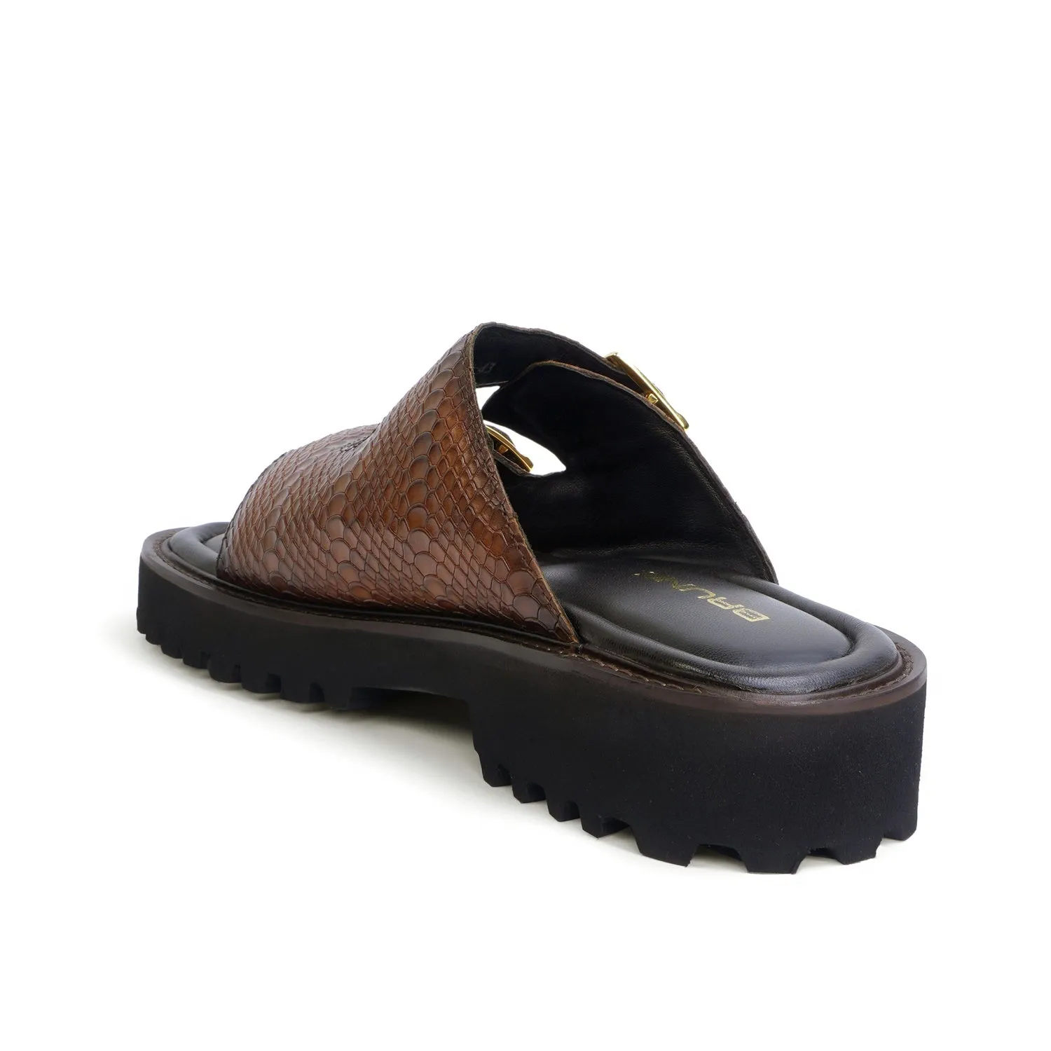 Comfort Cushion Luxurious Touch Lug Sole Adjustable Buckle Leather Slipper in Snake Skin Textured