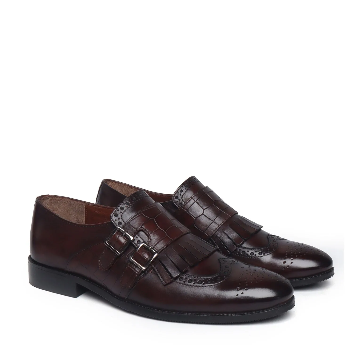 Comfort Soles Legacy Style Fringes With Double Monk Strap in Dark Brown Croco Embossed Leather