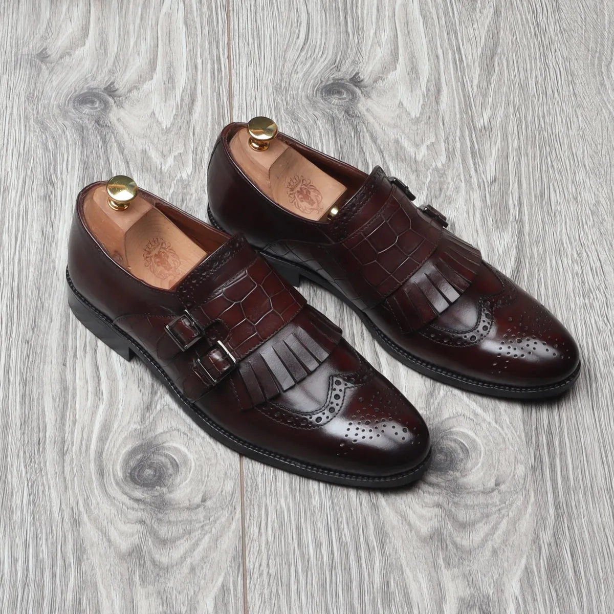 Weather Proof Fringes With Double Monk Strap in Dark Brown Croco Embossed Leather