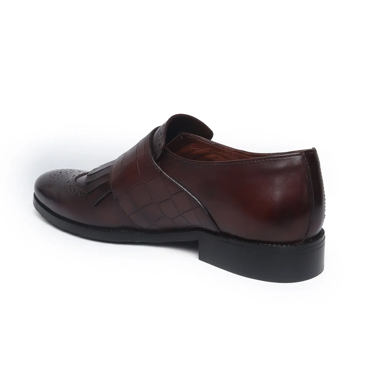 Fine Edge Smart Shade Fringes With Double Monk Strap in Dark Brown Croco Embossed Leather