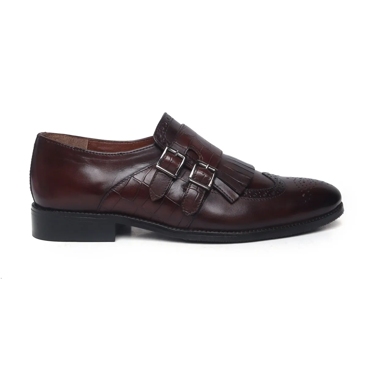 Light Balance Endless Shade Fringes With Double Monk Strap in Dark Brown Croco Embossed Leather