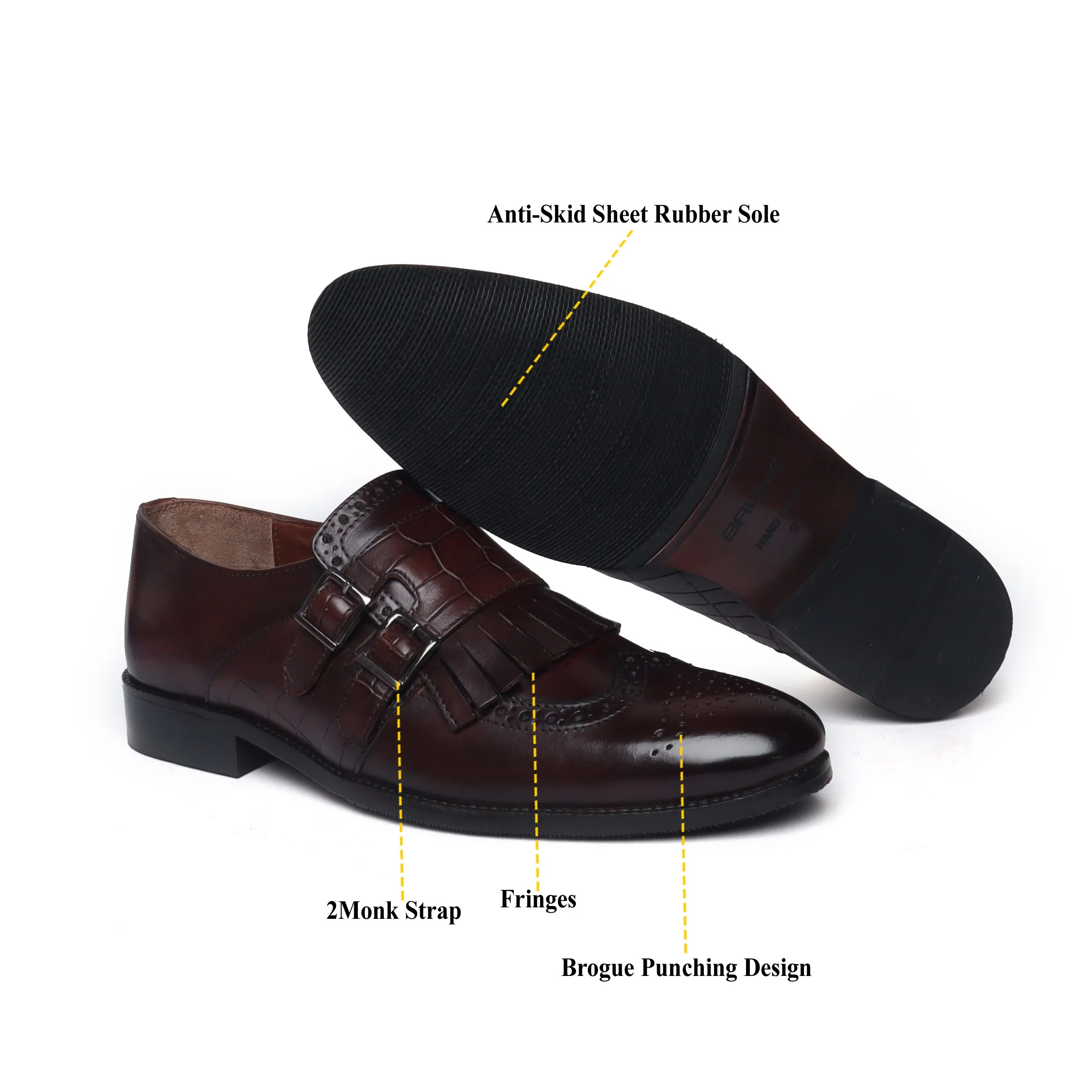 Fringes With Double Monk Strap in Dark Brown Croco Embossed Leather Stylish Fit Fine Shade
