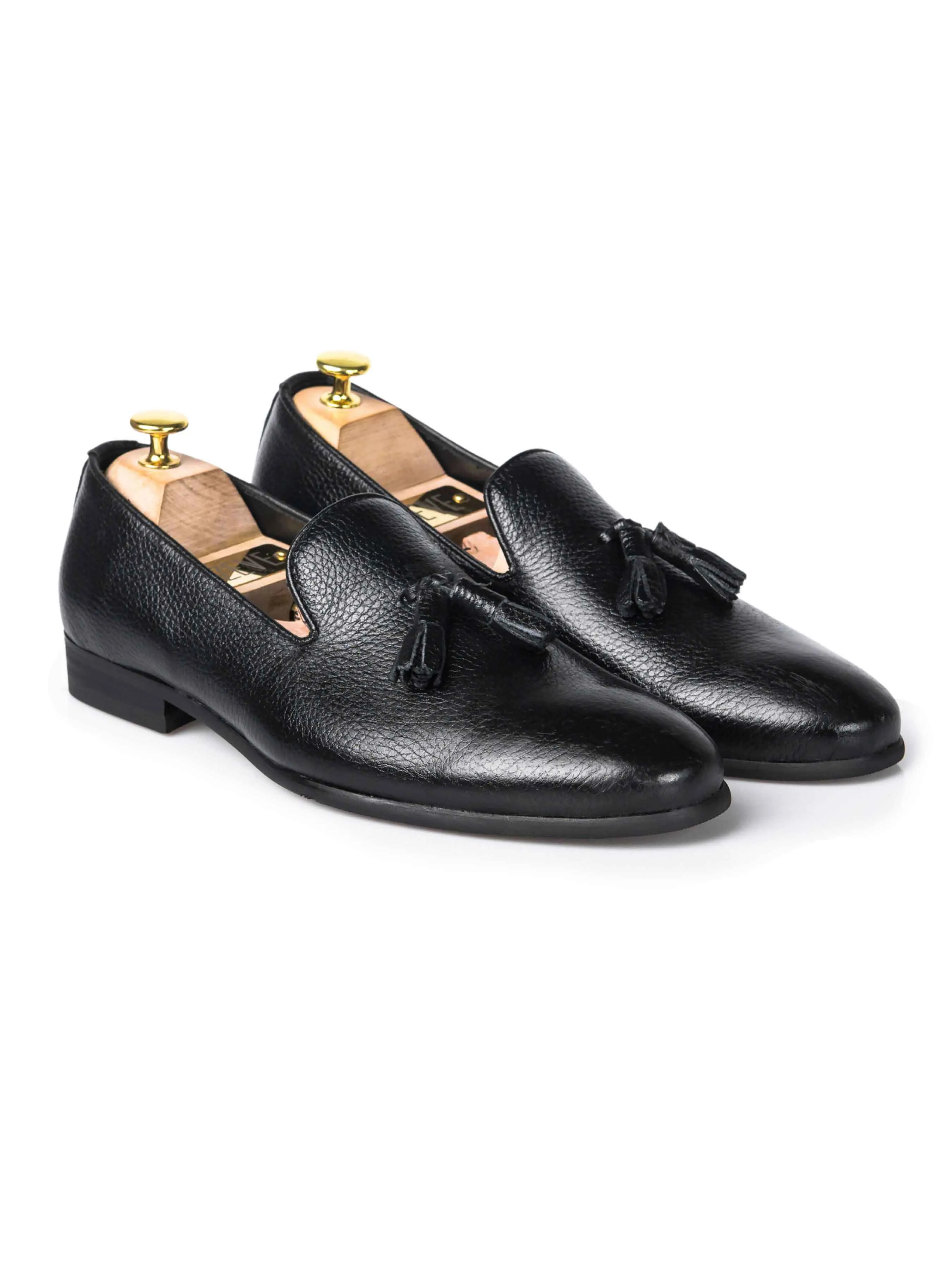 Plush comfort Loafer Slipper - Black Pebble Grain Leather