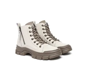 EVERAU? Women Leather Lace Up Zipper Chunky Boots Lorrin Snow Travel Soft Touch
