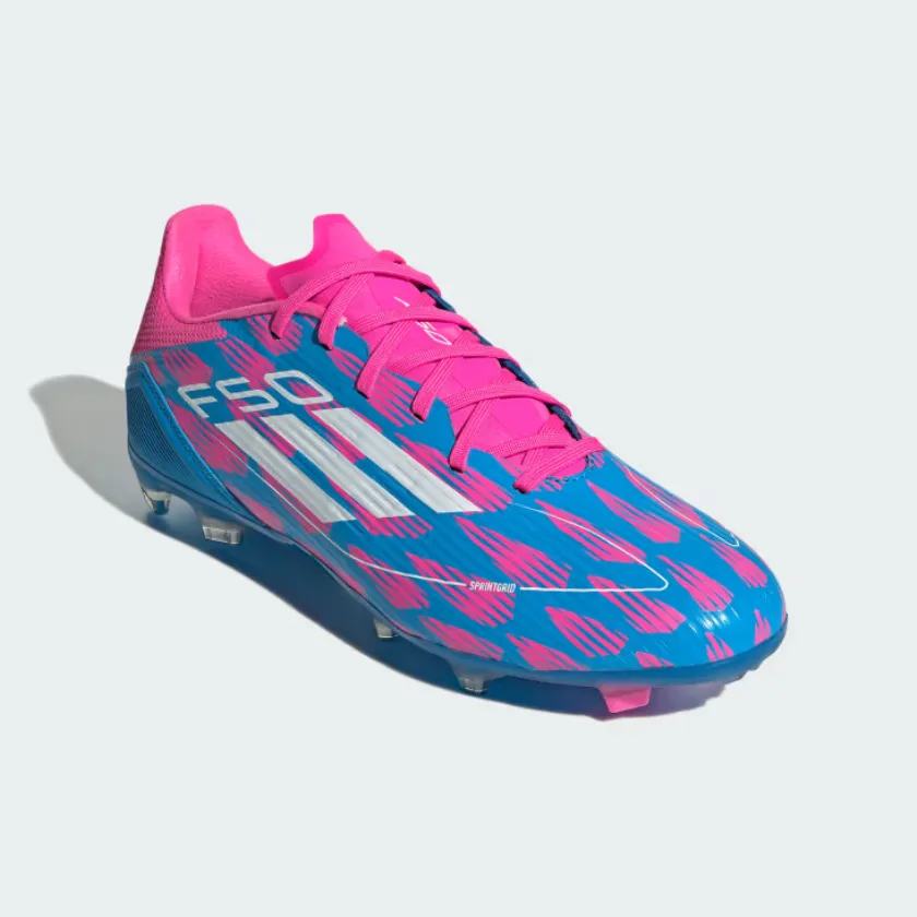 Kick Motion Adidas F50 League Firm/Multi-Ground Men's Football Shoes -Solar Blue/Cloud White/Solar Pink