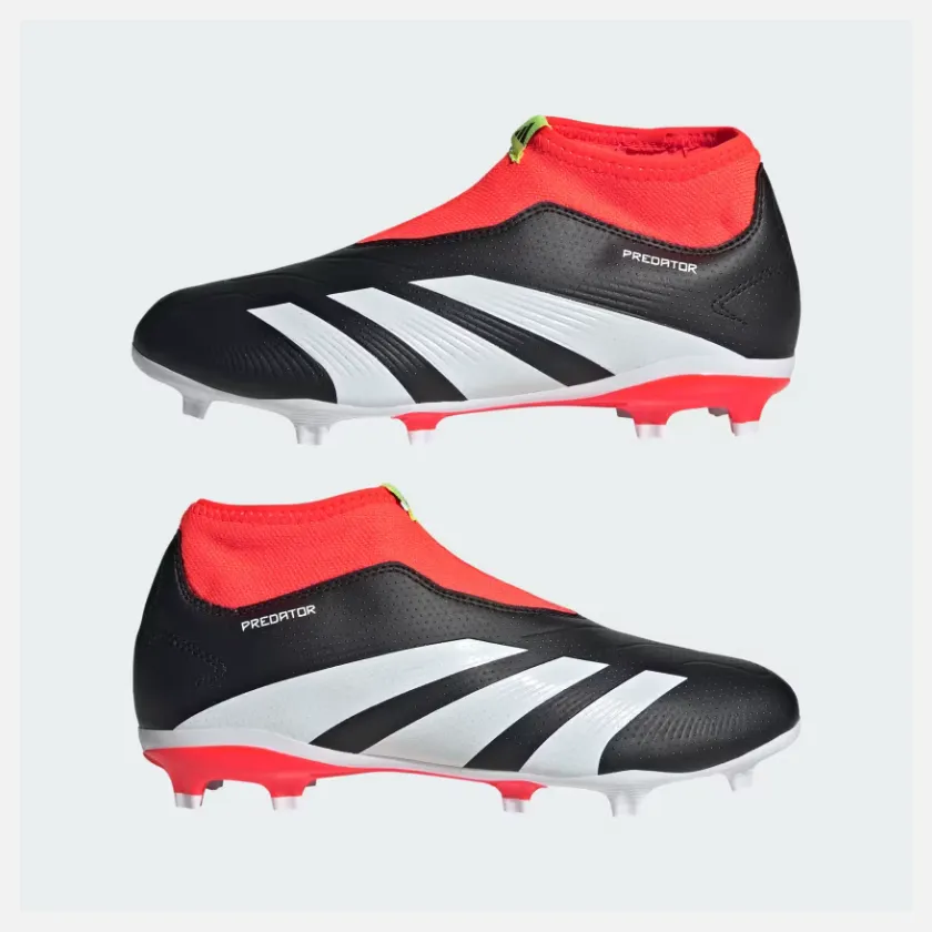 Adidas Predator 24 League LAceless Firm Ground Fooball Kids Unisex Shoes (4-7Year) -Core Black/Cloud White/Solar Red Game Ready Gear Open Motion