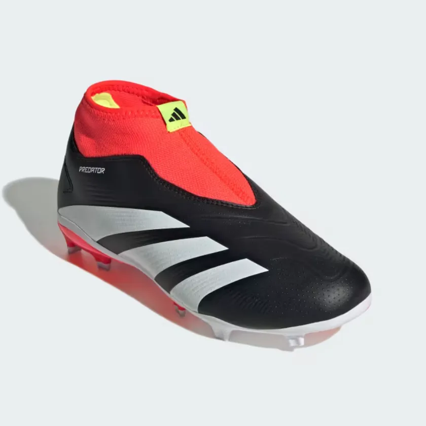 Youth League dry surface Adidas Predator 24 League LAceless Firm Ground Fooball Kids Unisex Shoes (4-7Year) -Core Black/Cloud White/Solar Red