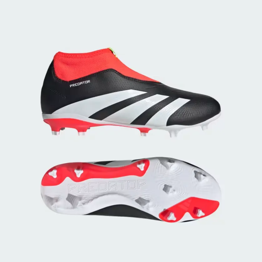 Adidas Predator 24 League LAceless Firm Ground Fooball Kids Unisex Shoes (4-7Year) -Core Black/Cloud White/Solar Red Kick Training Minimalist