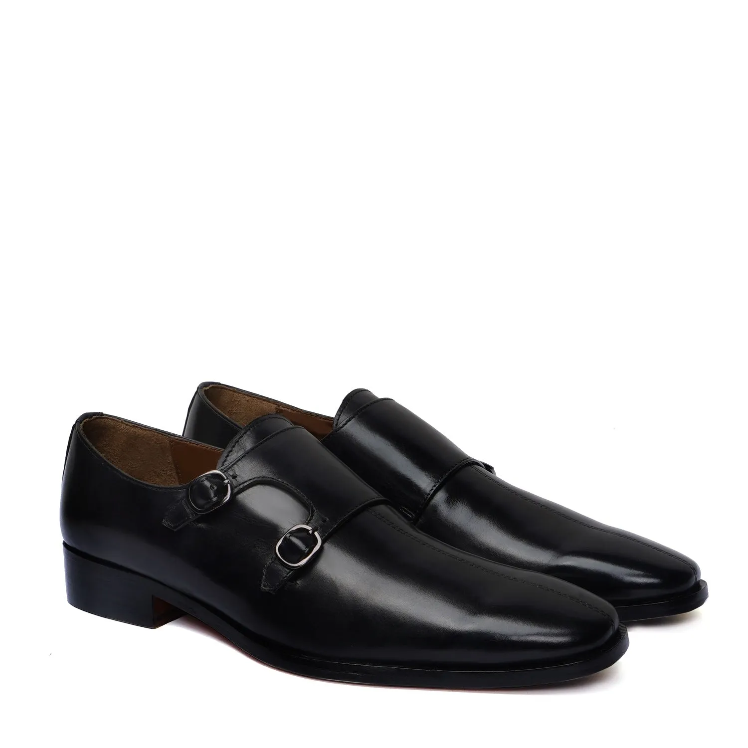 Double Monk Formal Slip-On Shoes in Genuine Black Leather Stretchable Material french chic