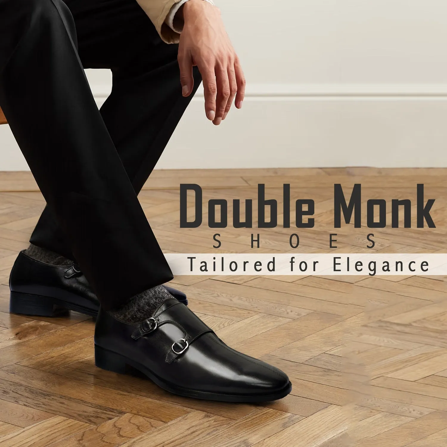 Legacy Edge Gala Shade Double Monk Formal Slip-On Shoes in Genuine Black Leather