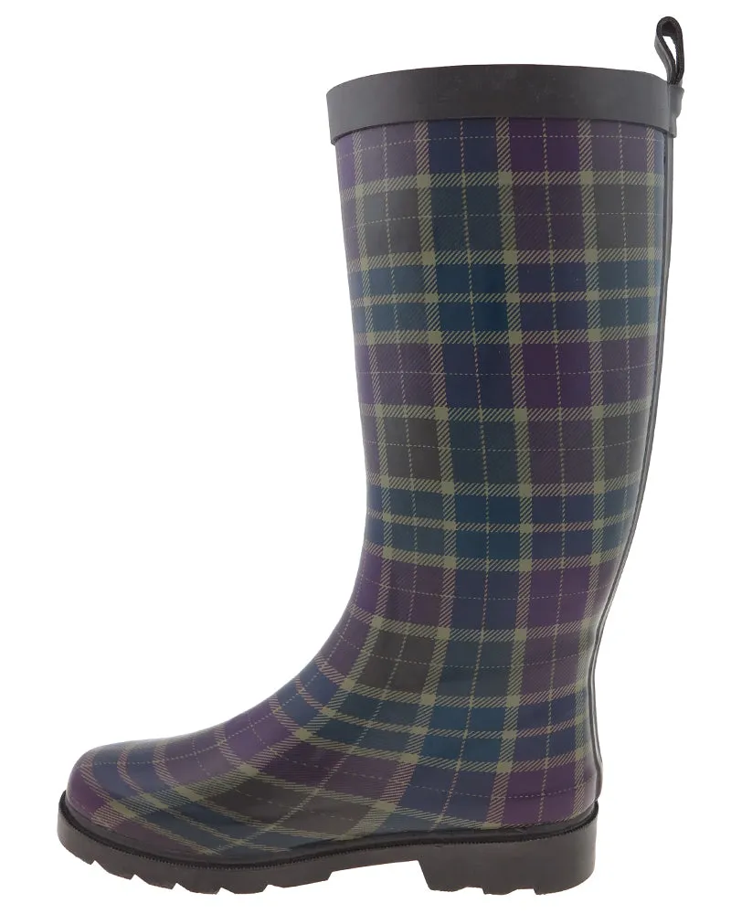 Ladies Plaid Tall Rubber Rain Boot Quick clean