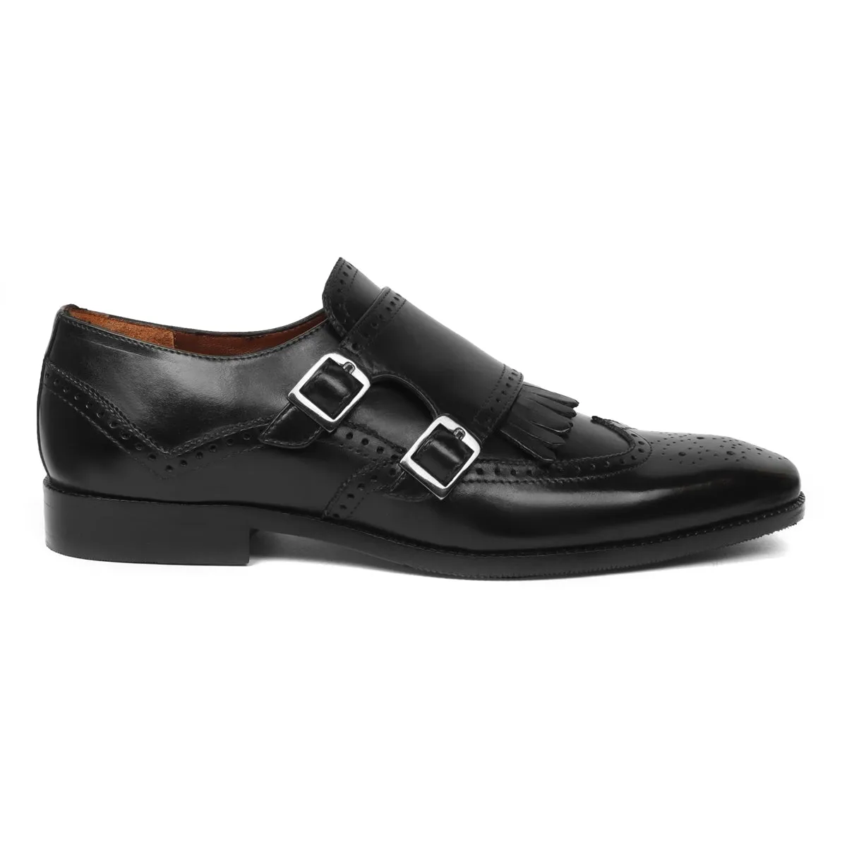 Light Balance Embassy Event Black Medallion Toe Wingtip Punching with Fringes Double Monk Strap Formals by Brune & Bareskin