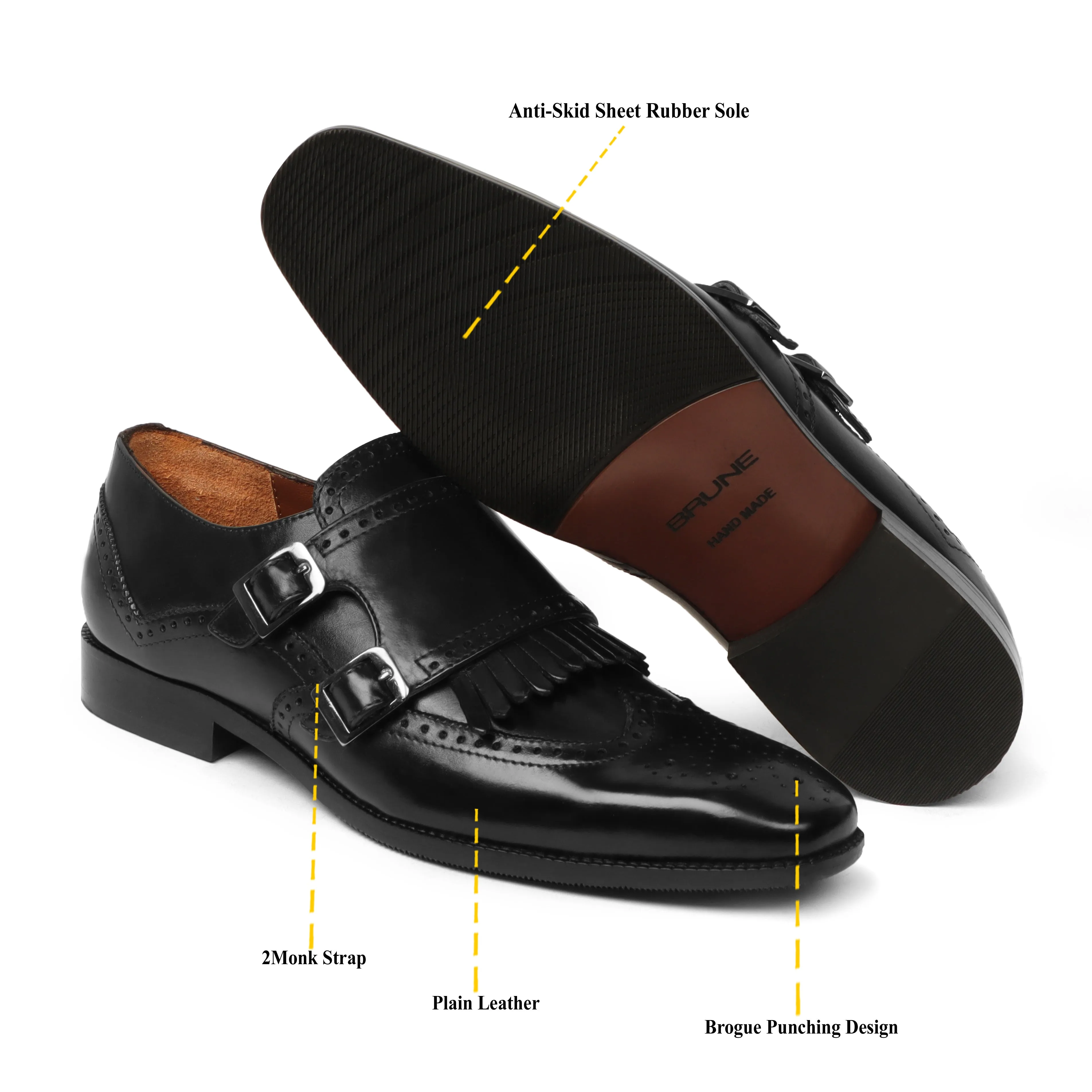Black Medallion Toe Wingtip Punching with Fringes Double Monk Strap Formals by Brune & Bareskin Prestige Brand