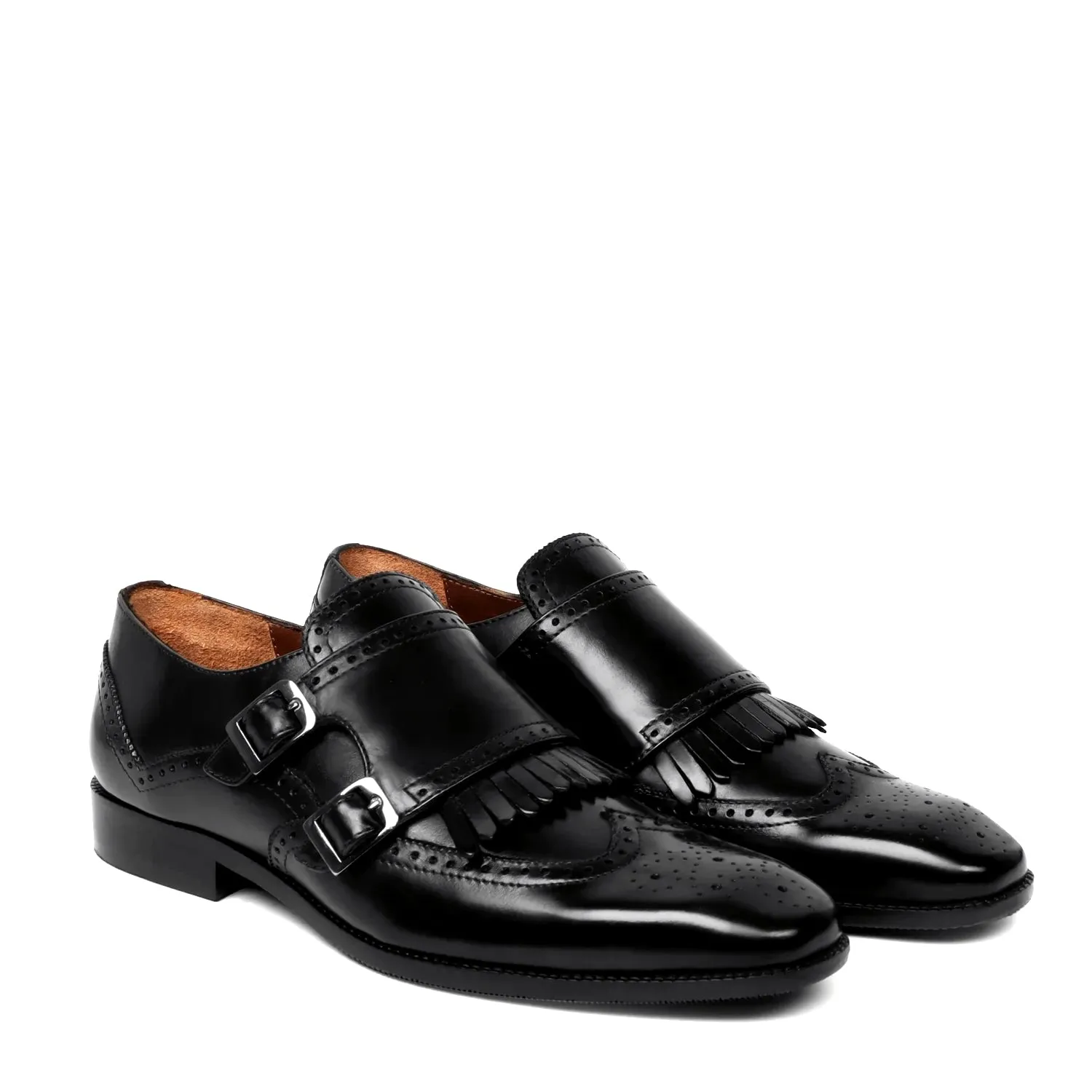 Black Medallion Toe Wingtip Punching with Fringes Double Monk Strap Formals by Brune & Bareskin Adjustable Strap Master Cut