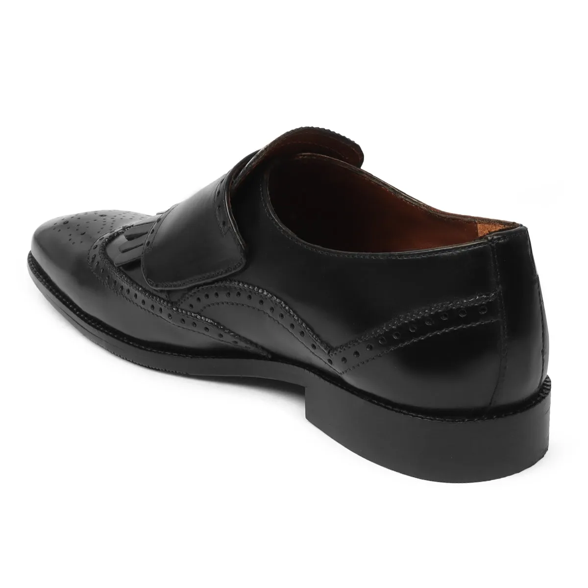 Street Mode Prime Fit Black Medallion Toe Wingtip Punching with Fringes Double Monk Strap Formals by Brune & Bareskin