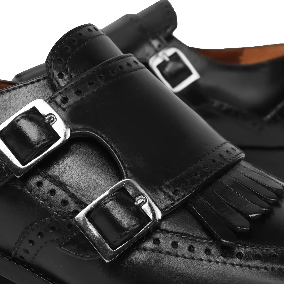 Shine Hold Graduation Ceremony Black Medallion Toe Wingtip Punching with Fringes Double Monk Strap Formals by Brune & Bareskin