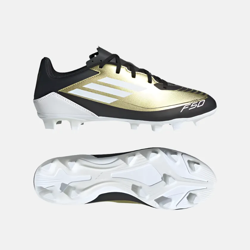 Toe Precision Upper Control Adidas F50 Club Messi Flexible Unisex Football Ground Shoes -Gold Metallic/Cloud White/Core Black