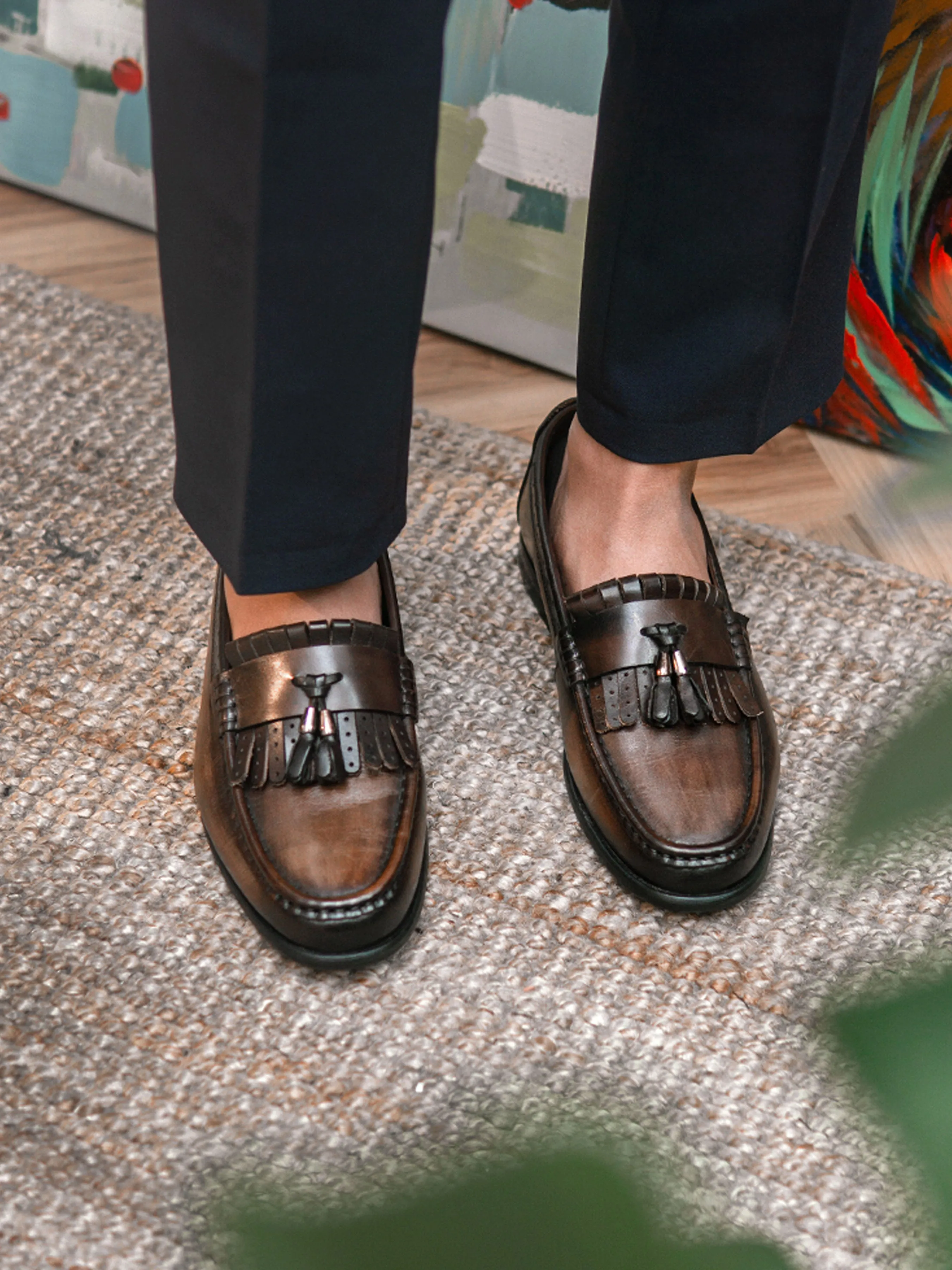 Sole Smooth Fringe Classic Loafer - Khakis with Tassel (Hand Painted Patina)