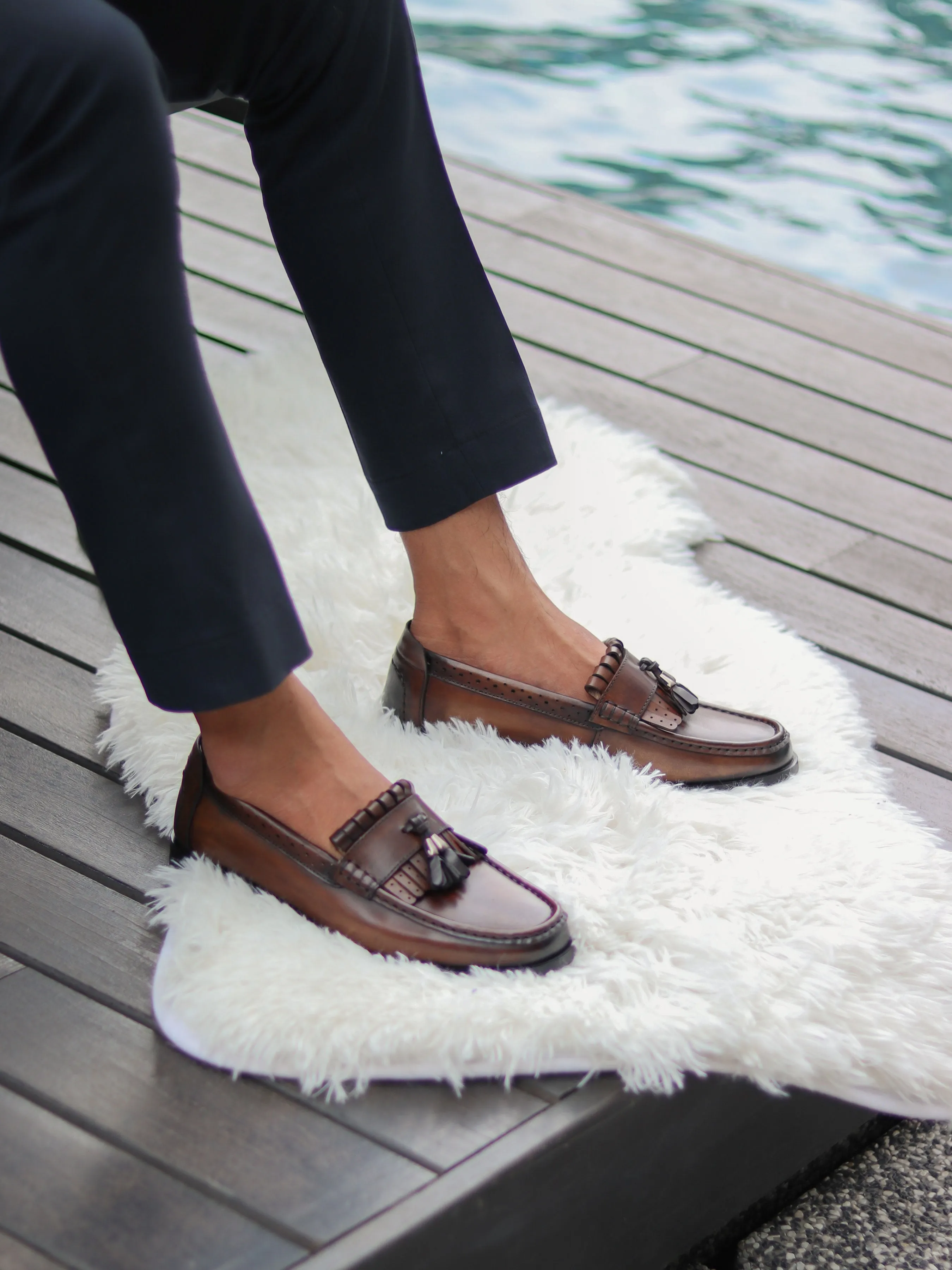 Bold Flow Fringe Classic Loafer - Khakis with Tassel (Hand Painted Patina)