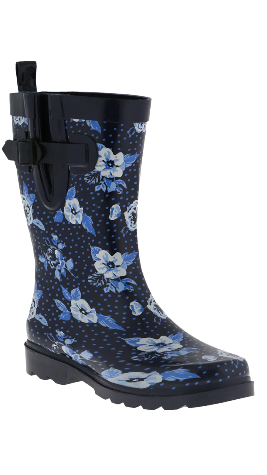 Ladies Navy Printed Floral Mid-Calf Rain Boot Storm Protection Flexible