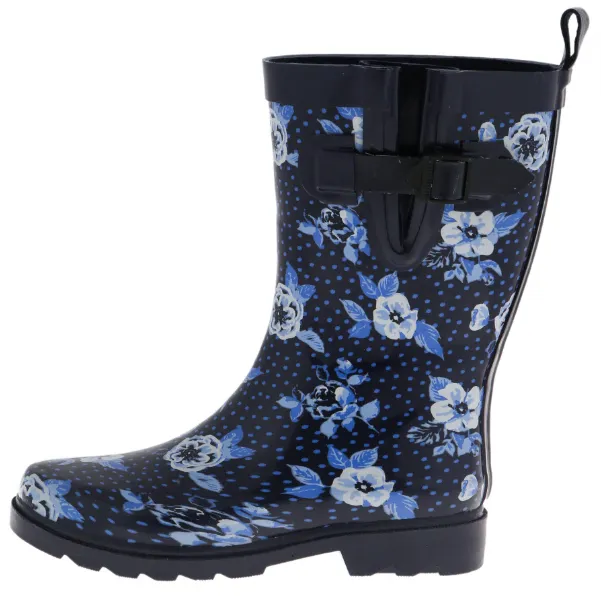 Comfy Design Ladies Navy Printed Floral Mid-Calf Rain Boot