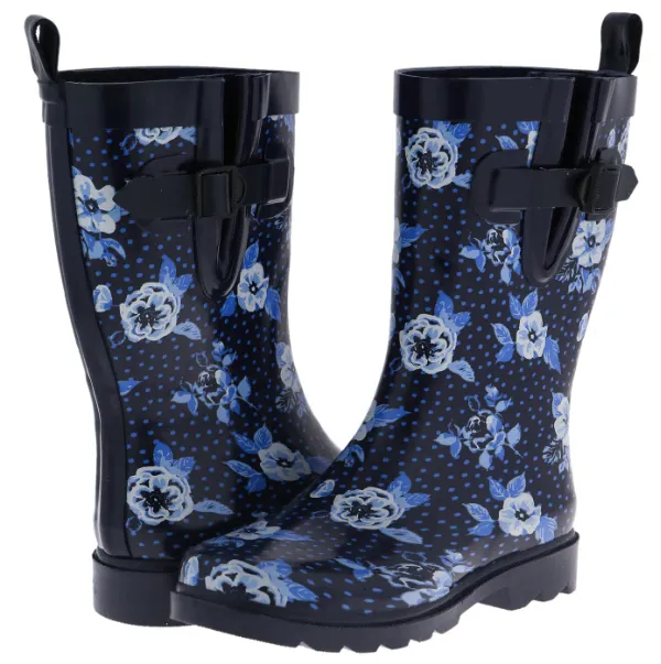 Ladies Navy Printed Floral Mid-Calf Rain Boot Weather Footwear Ready