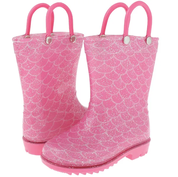 Toddler Girls Shiny Mermaid Printed with Silver Glitter Rain Boot Quick Fit Fashion Practical Walking Boots