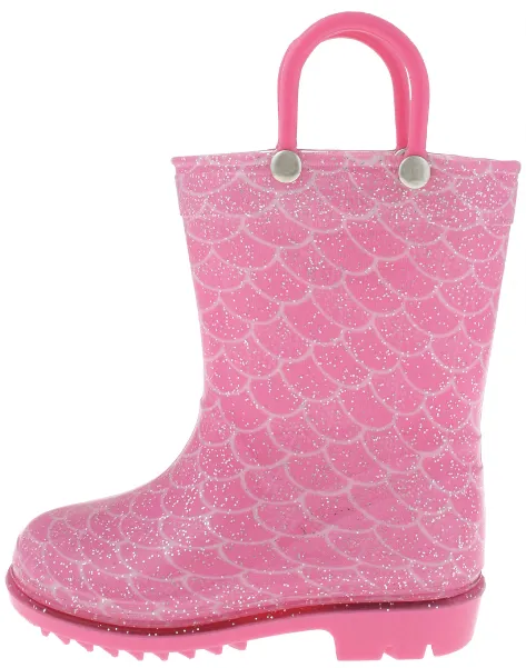 Toddler Girls Shiny Mermaid Printed with Silver Glitter Rain Boot Urban Comfort