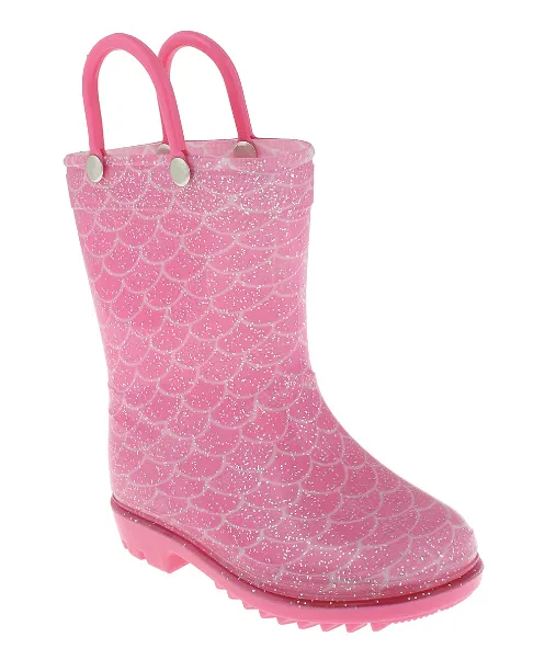 Toddler Girls Shiny Mermaid Printed with Silver Glitter Rain Boot Quick Slip On Boots