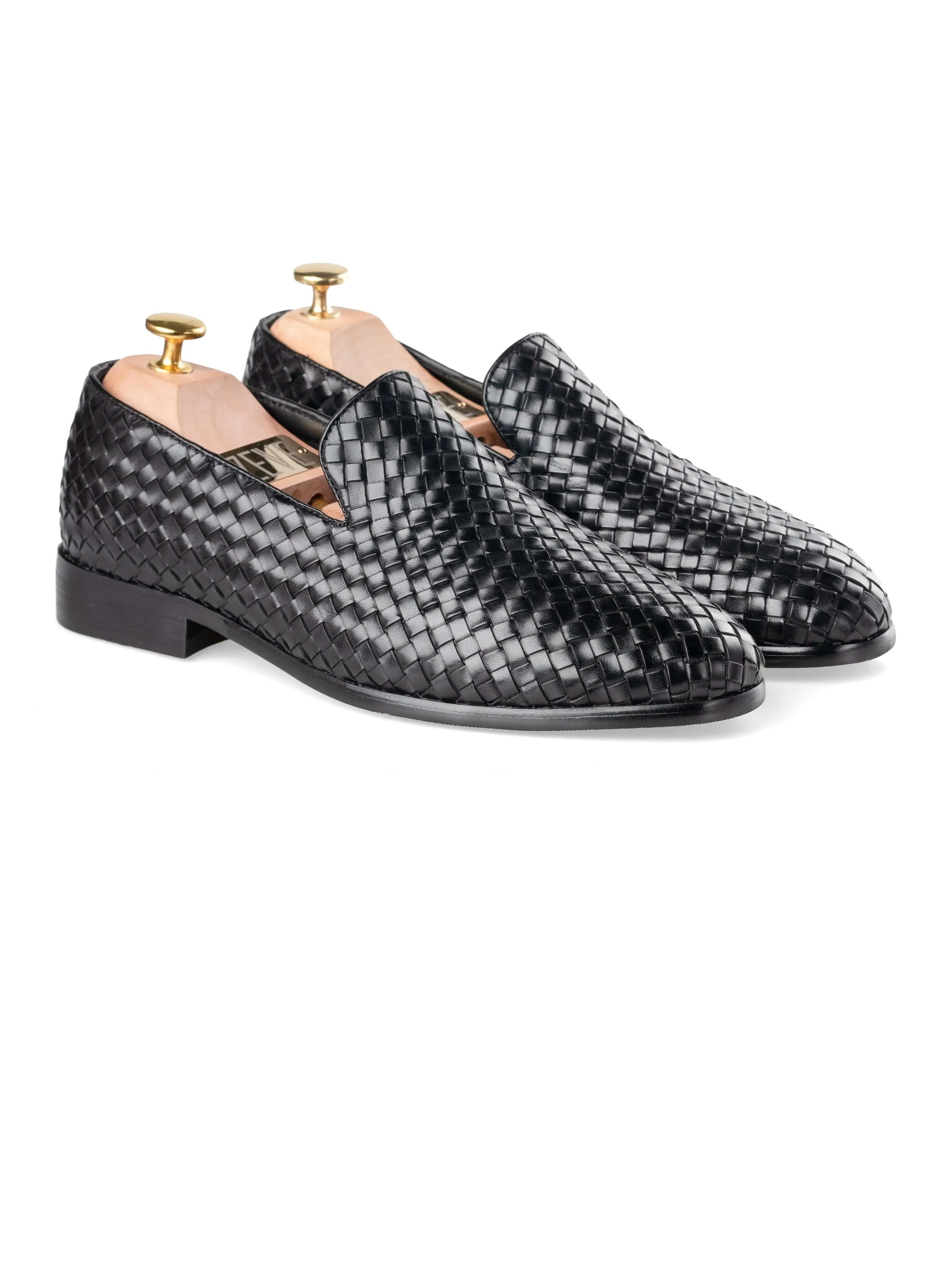 Handcrafted Quality Loafer Slipper - Black Weave Leather