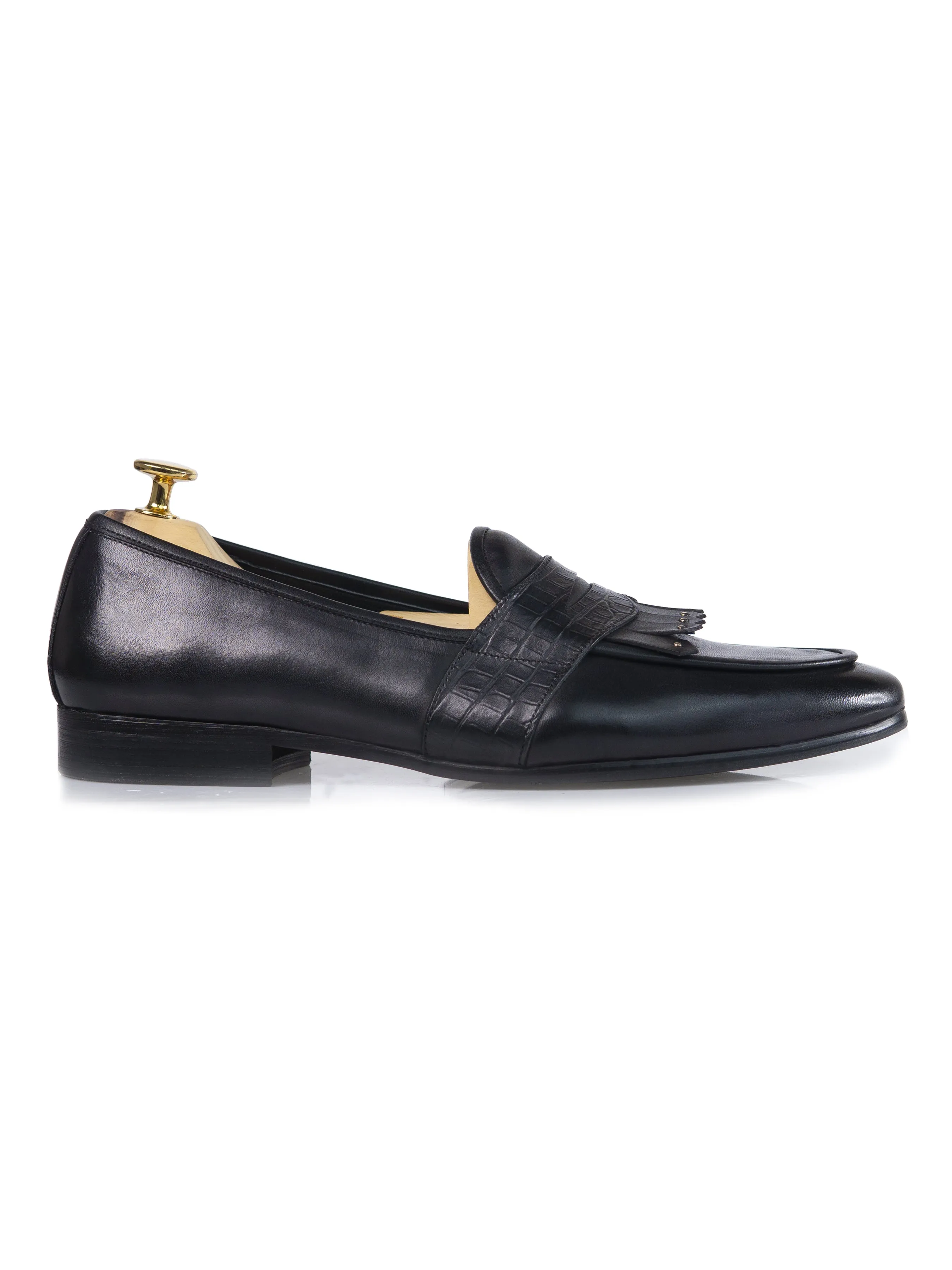 Breathable mesh Padded Belgian Loafer - Black Grey Phyton Penny Strap with Studded Fringe (Hand Painted Patina)
