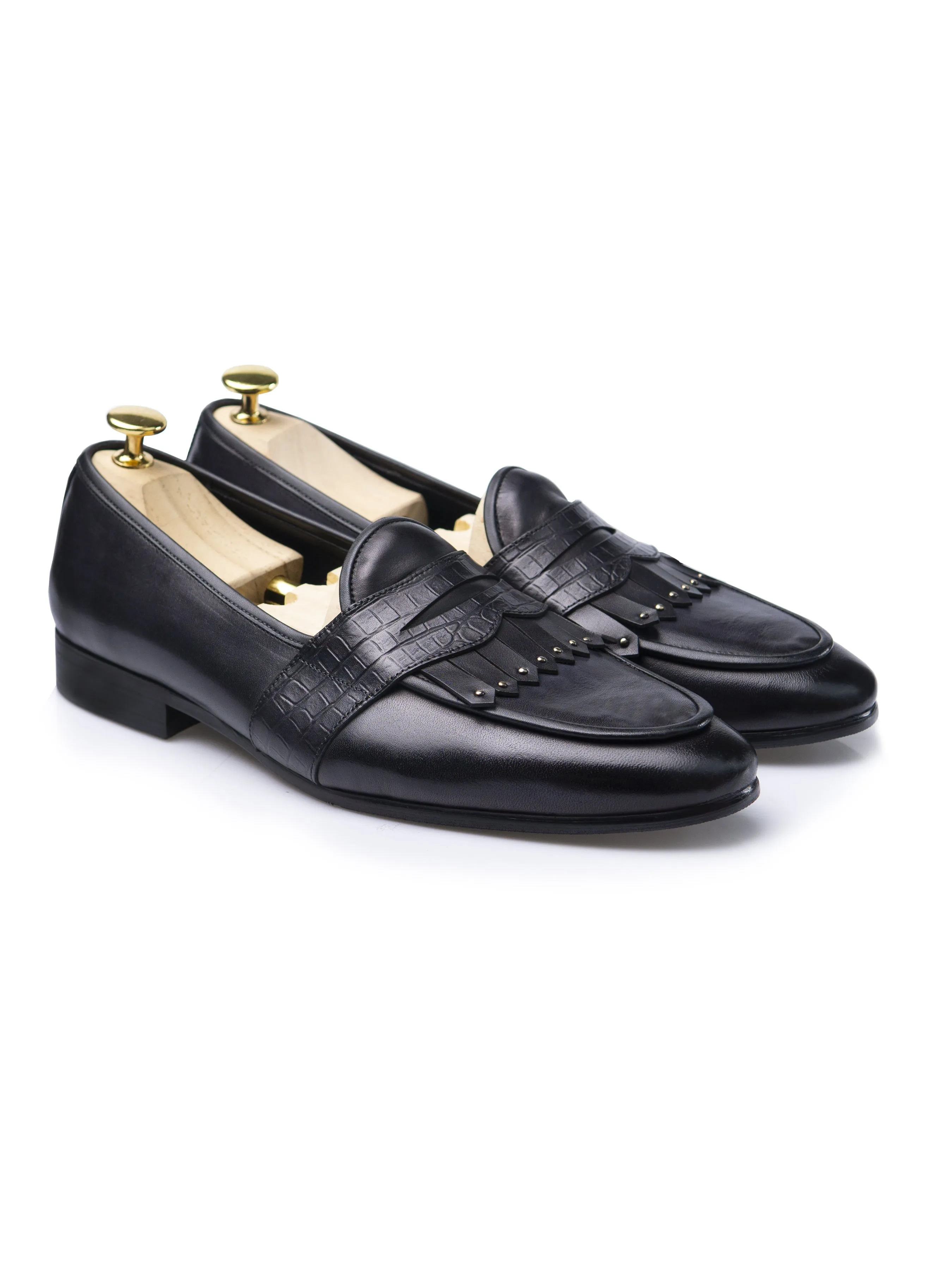 Cushioned heel Belgian Loafer - Black Grey Phyton Penny Strap with Studded Fringe (Hand Painted Patina)