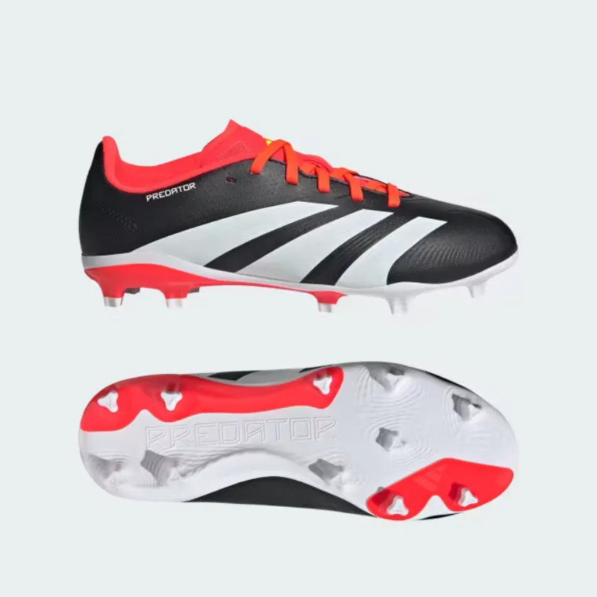 Adidas Predator 24 League Firm Ground Soccer Kids Unisex Shoes (4-7Year) -Core Black/Cloud White/Solar Red Odor Free