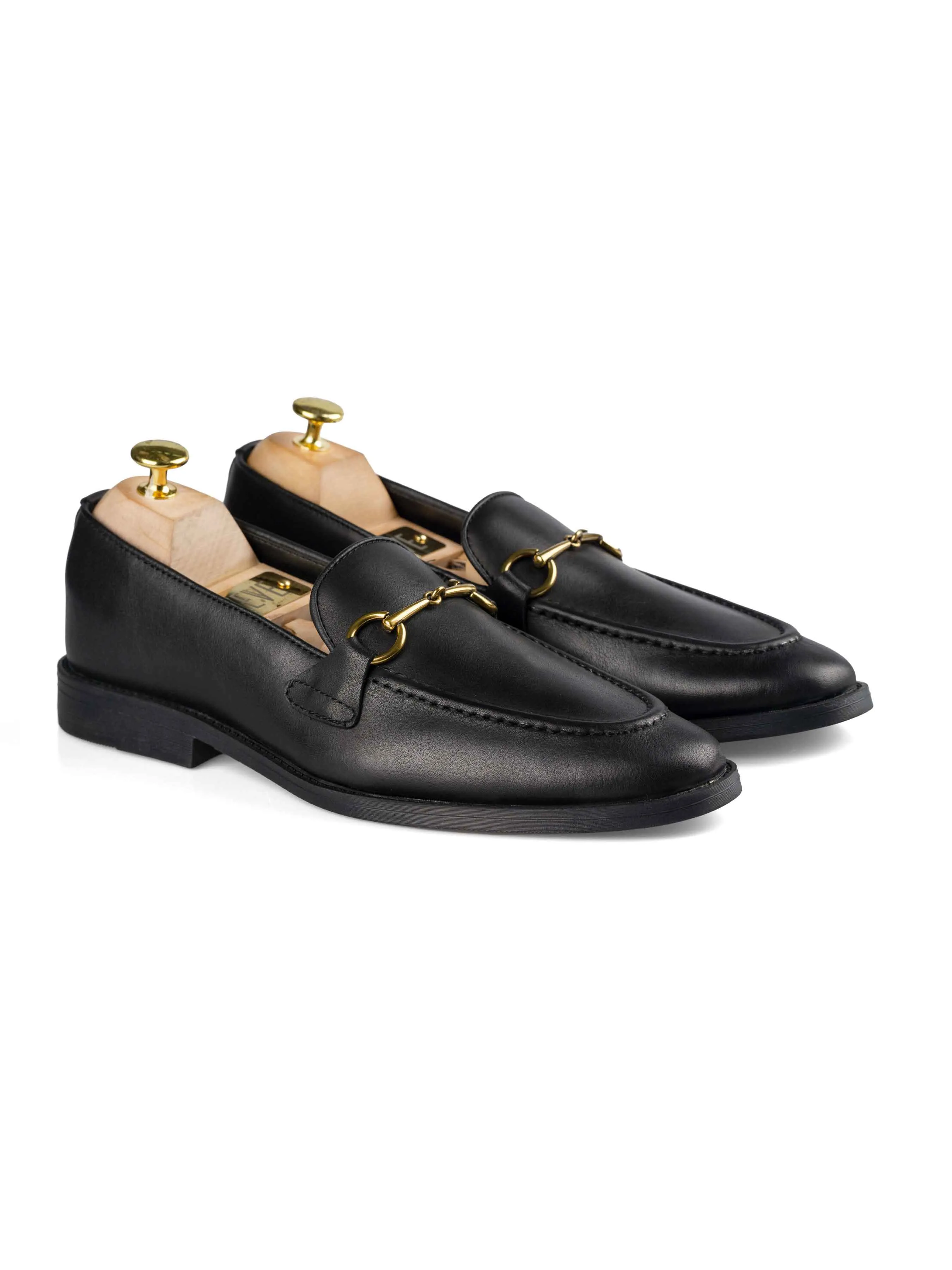 Casual Walking Comfort Horsebit Buckle Loafer - Solid Black Leather (Flexi-Sole)