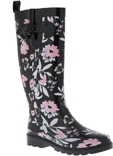 Ladies Butterfly Floral Tall Rubber Rain Boot Cozy Step