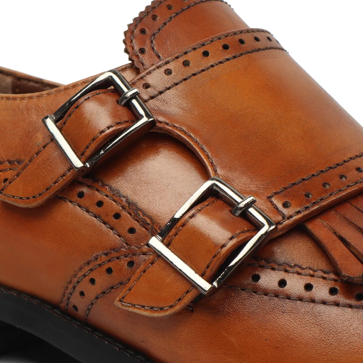 Tan Medallion Toe Wingtip Punching with Fringes Double Monk Strap Formals by Brune & Bareskin Calm Step