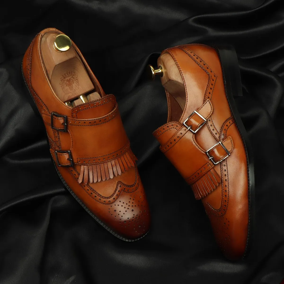 Tan Medallion Toe Wingtip Punching with Fringes Double Monk Strap Formals by Brune & Bareskin Mark Shade Boss Look